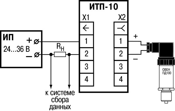 Схема подключения преобразователя аналоговых сигналов ИТП-10 Схема подключения преобразователя аналоговых сигналов ИТП-10