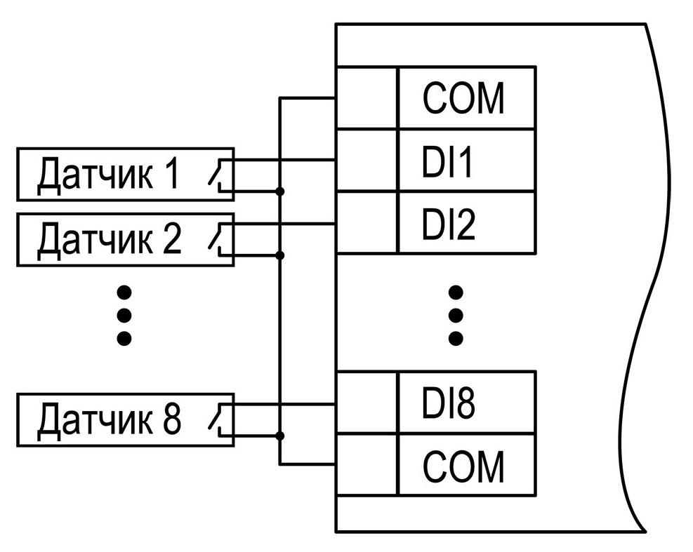 Схема подключения датчиков «сухие контакты» Схема подключения датчиков «сухие контакты»